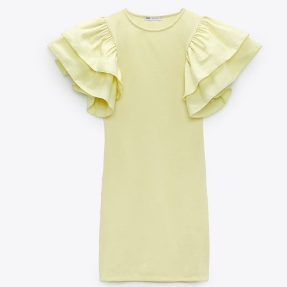 Zara Puff Voluminous Ruffle Poplin Sleeve Bodycon Mini Dress Pastel Yellow Sz M - Picture 6 of 16